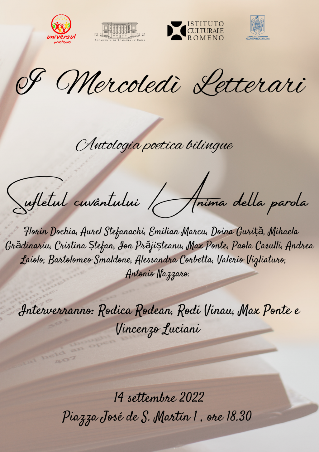 Scholar innovation Grasp Prezentarea antologiei bilingve „Sufletul cuvântului” în cadrul „Miercurilor literare” de la Roma Scholar innovation Grasp Prezentarea antologiei bilingve „Sufletul cuvântului” în cadrul „Miercurilor literare” de la Roma