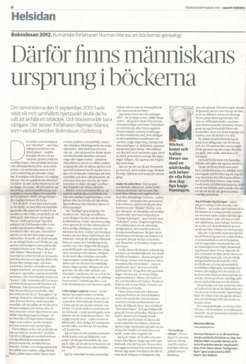 articol dedicat scriitorului Norman Manea, Dagens Nyheter, 25 septembrie 2012