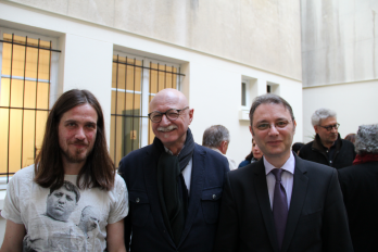 Vernissage de l'exposition Nicu Ilfoveanu, Ami Barak, critique dart et curateur, SEM Luca Niculescu, l'Ambassadeur de Roumanie en France