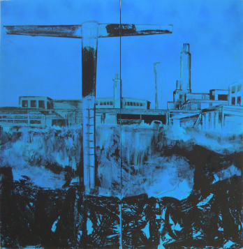Ioan Augustin Pop, Arheologie industriala, 200x200cm, vopsea industriala, bitum si ulei pe panza, 2009