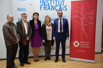 Photocall de izq a la dcha Evelio Minano, traductor y profesor, Matei Visniec, ES Gabriela Dancau, embajadora de Rumania en el Reino de Espana, Nicolas Kassianides, consejero cultural de la Embajada de Francia en Espana